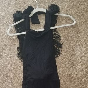 Halter back out back tie fringe draping dress